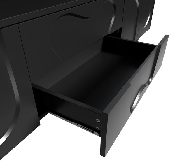 Minimalist TV Cabinet with Solid Wood Legs and Curved Doors, Spacious Storage Unit with Drawers and Shelves, 180L x 40W x 42H cm, Black Aosom UK