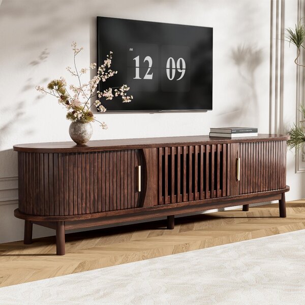 Retro MDF TV Stand with Sliding Wood-Slat Doors, Sturdy Unit with 3 Compartments for 65-Inch TV, 165L x 39.5W x 46H cm, Dark Oak Aosom UK