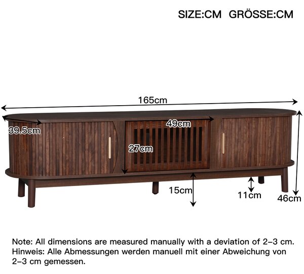 Retro MDF TV Stand with Sliding Wood-Slat Doors, Sturdy Unit with 3 Compartments for 65-Inch TV, 165L x 39.5W x 46H cm, Dark Oak Aosom UK