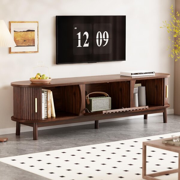 Retro MDF TV Stand with Sliding Wood-Slat Doors, Sturdy Unit with 3 Compartments for 65-Inch TV, 165L x 39.5W x 46H cm, Dark Oak Aosom UK