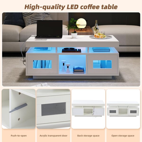 Modern Coffee Table with App-Controlled LED and USB Port, Space-Saving Unit with Acrylic Cabinets and Storage, 100L x 50W x 43H cm, White Aosom UK
