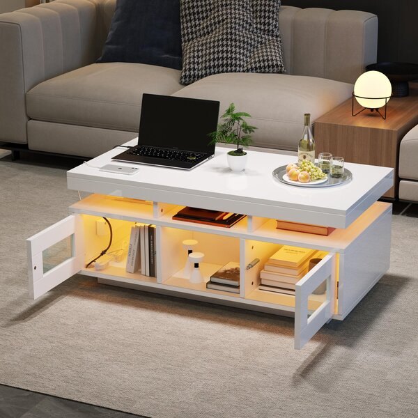 Modern Coffee Table with App-Controlled LED and USB Port, Space-Saving Unit with Acrylic Cabinets and Storage, 100L x 50W x 43H cm, White Aosom UK