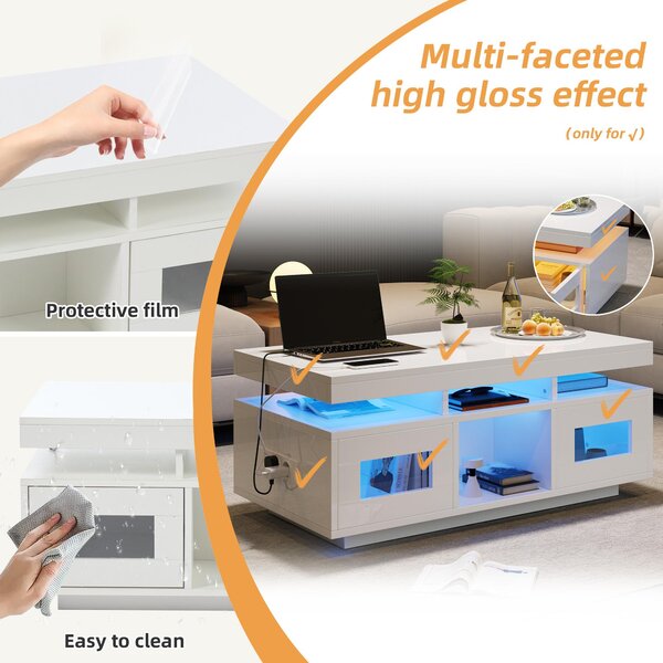 Modern Coffee Table with App-Controlled LED and USB Port, Space-Saving Unit with Acrylic Cabinets and Storage, 100L x 50W x 43H cm, White Aosom UK