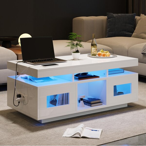 Modern Coffee Table with App-Controlled LED and USB Port, Space-Saving Unit with Acrylic Cabinets and Storage, 100L x 50W x 43H cm, White Aosom UK