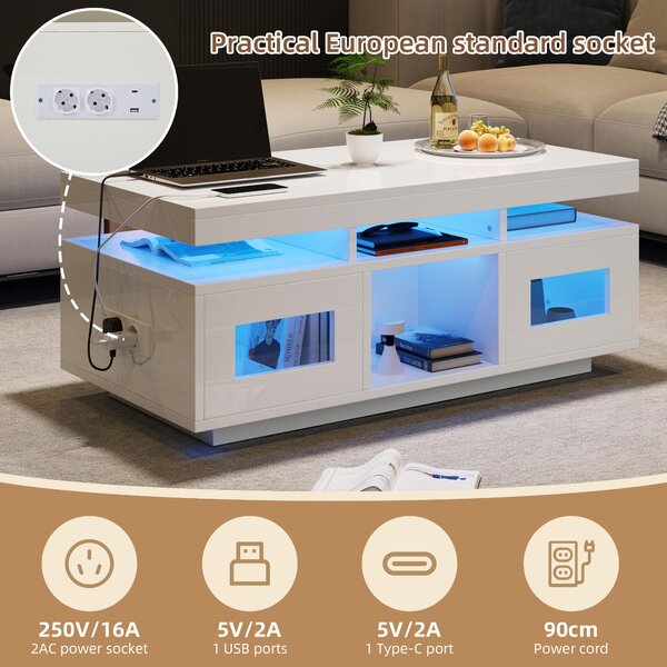 Modern Coffee Table with App-Controlled LED and USB Port, Space-Saving Unit with Acrylic Cabinets and Storage, 100L x 50W x 43H cm, White Aosom UK
