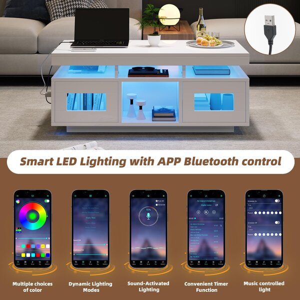 Modern Coffee Table with App-Controlled LED and USB Port, Space-Saving Unit with Acrylic Cabinets and Storage, 100L x 50W x 43H cm, White Aosom UK
