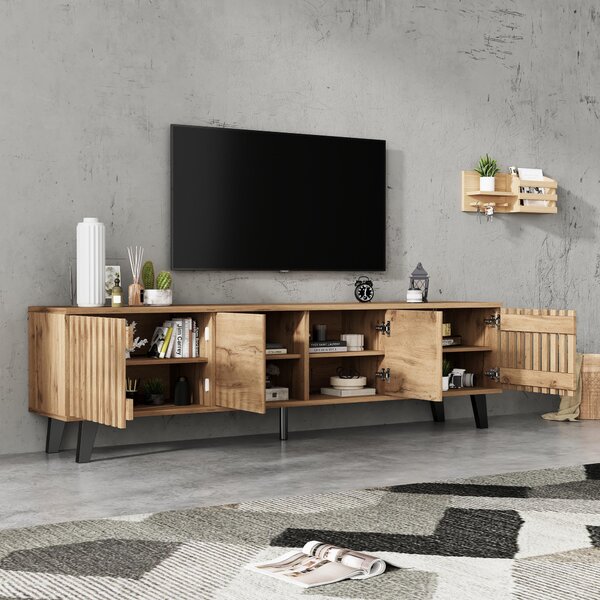 Modern Vintage TV Stand with Sturdy Five-Legged Support, Spacious Unit with 4 Openwork Doors and 9 Shelves, 180L x 40W x 55H cm, Wood Aosom UK