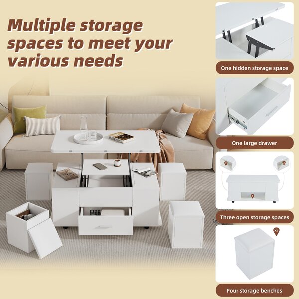 Modern Lift-Top Coffee Table with Hydraulic Lift and Hidden Storage, Versatile Unit with 4 Stools and Drawer, 100L x 50W x 45H cm, White Aosom UK