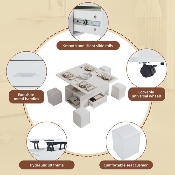 Modern Lift-Top Coffee Table with Hydraulic Lift and Hidden Storage, Versatile Unit with 4 Stools and Drawer, 100L x 50W x 45H cm, White Aosom UK