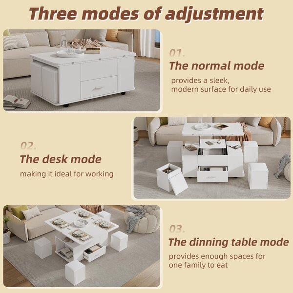 Modern Lift-Top Coffee Table with Hydraulic Lift and Hidden Storage, Versatile Unit with 4 Stools and Drawer, 100L x 50W x 45H cm, White Aosom UK