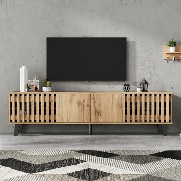 Modern Vintage TV Stand with Sturdy Five-Legged Support, Spacious Unit with 4 Openwork Doors and 9 Shelves, 180L x 40W x 55H cm, Wood Aosom UK