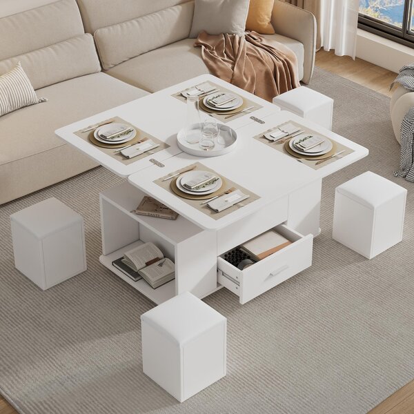 Modern Lift-Top Coffee Table with Hydraulic Lift and Hidden Storage, Versatile Unit with 4 Stools and Drawer, 100L x 50W x 45H cm, White Aosom UK
