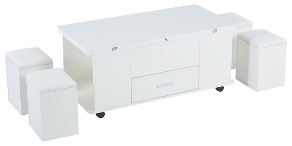 Modern Lift-Top Coffee Table with Hydraulic Lift and Hidden Storage, Versatile Unit with 4 Stools and Drawer, 100L x 50W x 45H cm, White Aosom UK