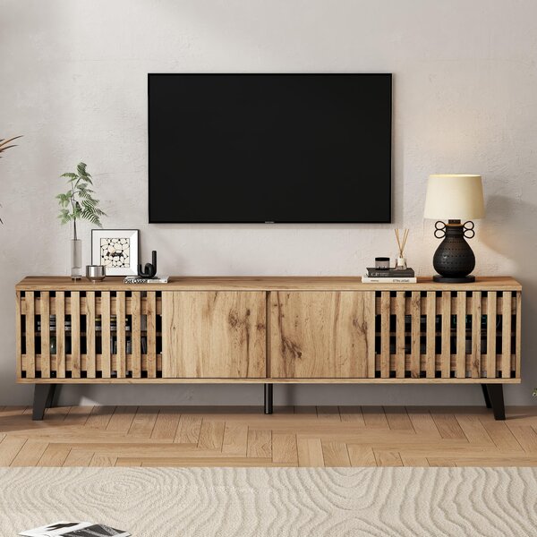 Modern Vintage TV Stand with Sturdy Five-Legged Support, Spacious Unit with 4 Openwork Doors and 9 Shelves, 180L x 40W x 55H cm, Wood Aosom UK