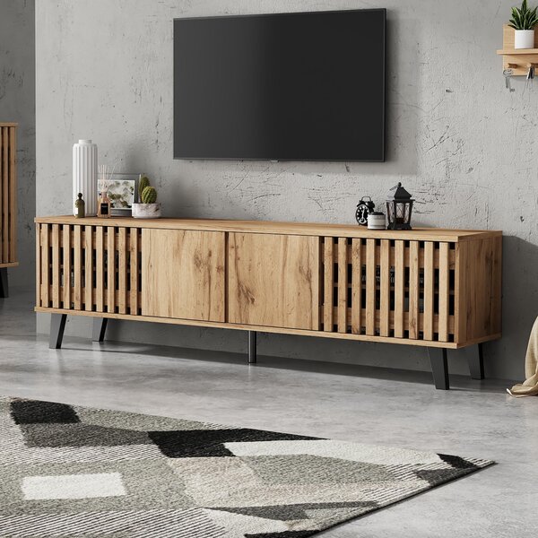 Modern Vintage TV Stand with Sturdy Five-Legged Support, Spacious Unit with 4 Openwork Doors and 9 Shelves, 180L x 40W x 55H cm, Wood Aosom UK