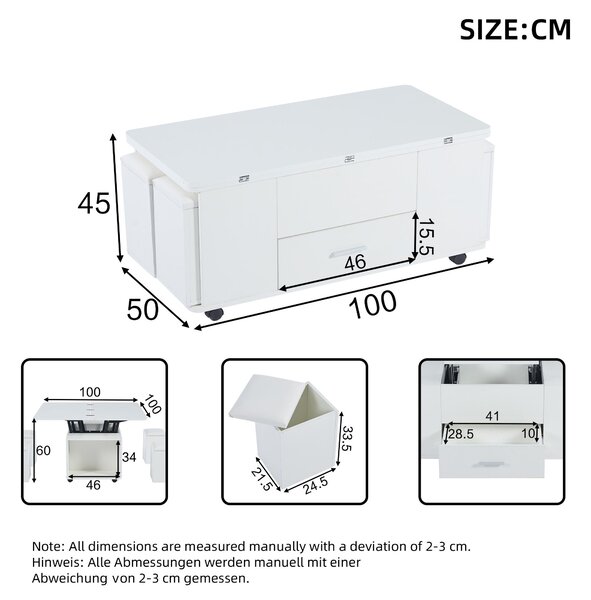Modern Lift-Top Coffee Table with Hydraulic Lift and Hidden Storage, Versatile Unit with 4 Stools and Drawer, 100L x 50W x 45H cm, White Aosom UK