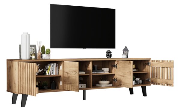 Modern Vintage TV Stand with Sturdy Five-Legged Support, Spacious Unit with 4 Openwork Doors and 9 Shelves, 180L x 40W x 55H cm, Wood Aosom UK