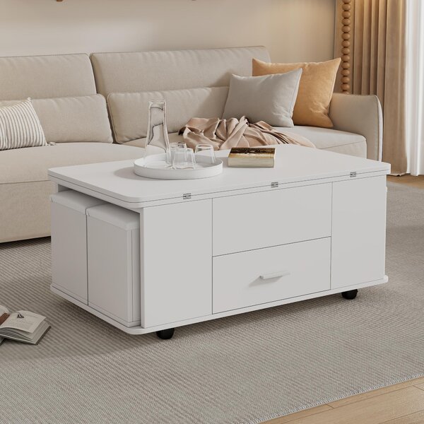 Modern Lift-Top Coffee Table with Hydraulic Lift and Hidden Storage, Versatile Unit with 4 Stools and Drawer, 100L x 50W x 45H cm, White Aosom UK