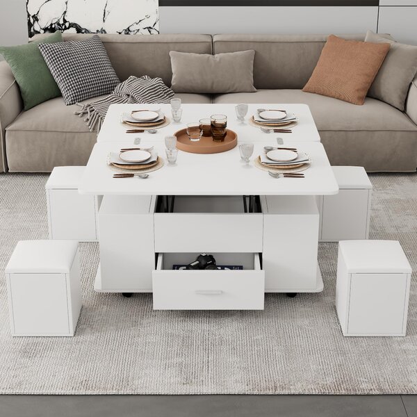 Modern Lift-Top Coffee Table with Hydraulic Lift and Hidden Storage, Versatile Unit with 4 Stools and Drawer, 100L x 50W x 45H cm, White Aosom UK