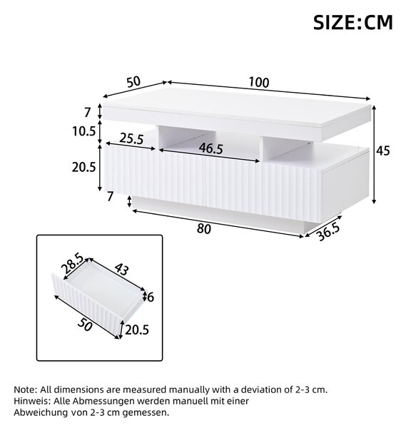 Modern Coffee Table with App-Controlled LED and Two Ribbed Drawers, Sleek Unit with Open Display Shelf, 100L x 50W x 45H cm, White Aosom UK