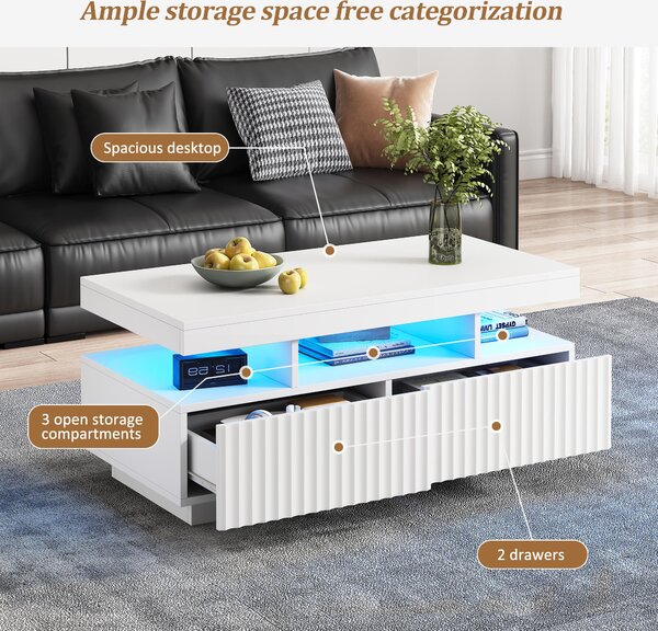 Modern Coffee Table with App-Controlled LED and Two Ribbed Drawers, Sleek Unit with Open Display Shelf, 100L x 50W x 45H cm, White Aosom UK
