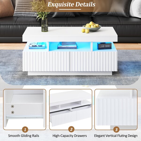 Modern Coffee Table with App-Controlled LED and Two Ribbed Drawers, Sleek Unit with Open Display Shelf, 100L x 50W x 45H cm, White Aosom UK