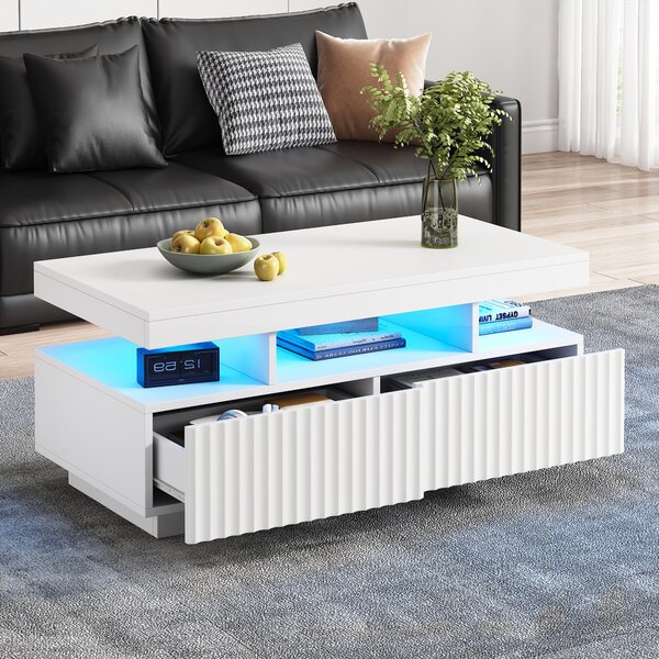 Modern Coffee Table with App-Controlled LED and Two Ribbed Drawers, Sleek Unit with Open Display Shelf, 100L x 50W x 45H cm, White Aosom UK
