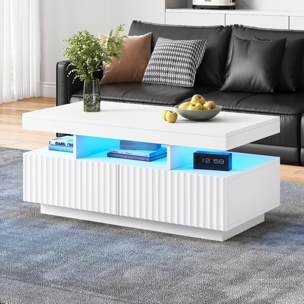 Modern Coffee Table with App-Controlled LED and Two Ribbed Drawers, Sleek Unit with Open Display Shelf, 100L x 50W x 45H cm, White Aosom UK