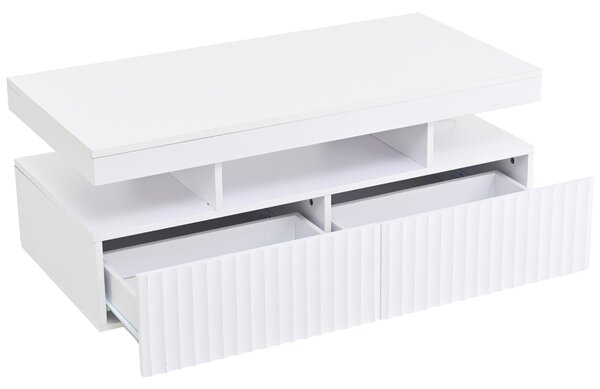 Modern Coffee Table with App-Controlled LED and Two Ribbed Drawers, Sleek Unit with Open Display Shelf, 100L x 50W x 45H cm, White Aosom UK