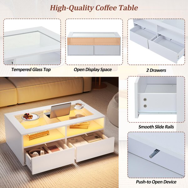 Smart Coffee Table with App-Controlled LED, USB Port and Glass Top, Practical Unit with 2 Drawers and Shelves,100L x 50W x 35H cm, White Aosom UK