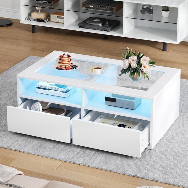 Smart Coffee Table with App-Controlled LED, USB Port and Glass Top, Practical Unit with 2 Drawers and Shelves,100L x 50W x 35H cm, White Aosom UK