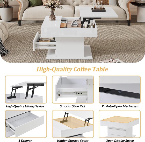360° Rotating Coffee Table with Height-Adjustable Top and Hidden Storage, Modern Centre Table for Living Rooms, 70L x 70W x 45H cm, White Aosom UK