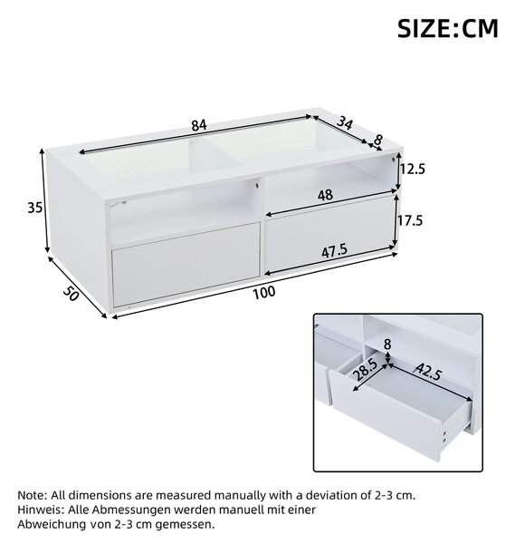 Smart Coffee Table with App-Controlled LED, USB Port and Glass Top, Practical Unit with 2 Drawers and Shelves,100L x 50W x 35H cm, White Aosom UK