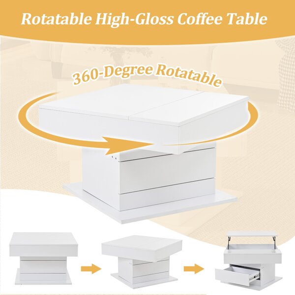 360° Rotating Coffee Table with Height-Adjustable Top and Hidden Storage, Modern Centre Table for Living Rooms, 70L x 70W x 45H cm, White Aosom UK