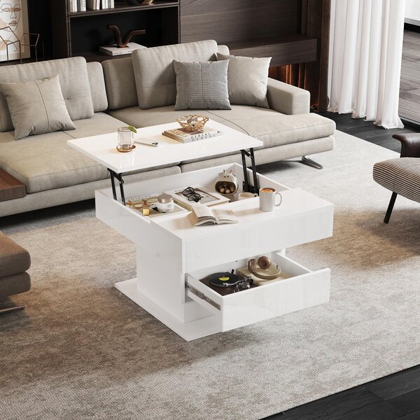 360° Rotating Coffee Table with Height-Adjustable Top and Hidden Storage, Modern Centre Table for Living Rooms, 70L x 70W x 45H cm, White Aosom UK