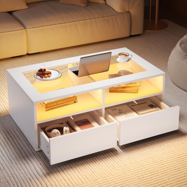 Smart Coffee Table with App-Controlled LED, USB Port and Glass Top, Practical Unit with 2 Drawers and Shelves,100L x 50W x 35H cm, White Aosom UK