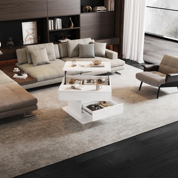 360° Rotating Coffee Table with Height-Adjustable Top and Hidden Storage, Modern Centre Table for Living Rooms, 70L x 70W x 45H cm, White Aosom UK