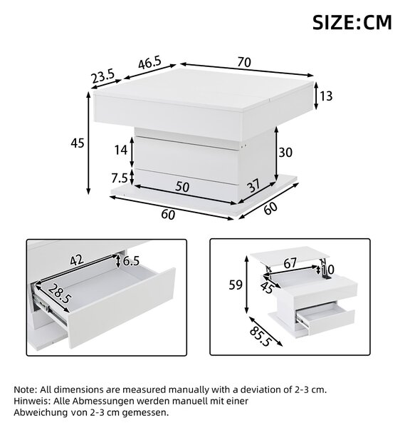 360° Rotating Coffee Table with Height-Adjustable Top and Hidden Storage, Modern Centre Table for Living Rooms, 70L x 70W x 45H cm, White Aosom UK