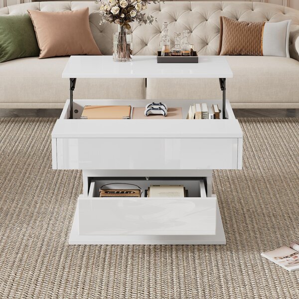 360° Rotating Coffee Table with Height-Adjustable Top and Hidden Storage, Modern Centre Table for Living Rooms, 70L x 70W x 45H cm, White Aosom UK