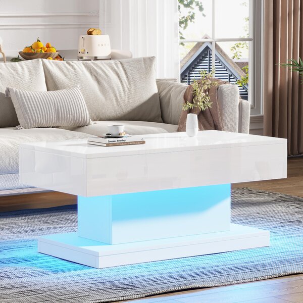 T-shaped Coffee Table with 2 Drawers and App-Controlled LED Strip, High-Gloss Centre Table for Living Room, 100L x 50W x 45H cm, White Aosom UK