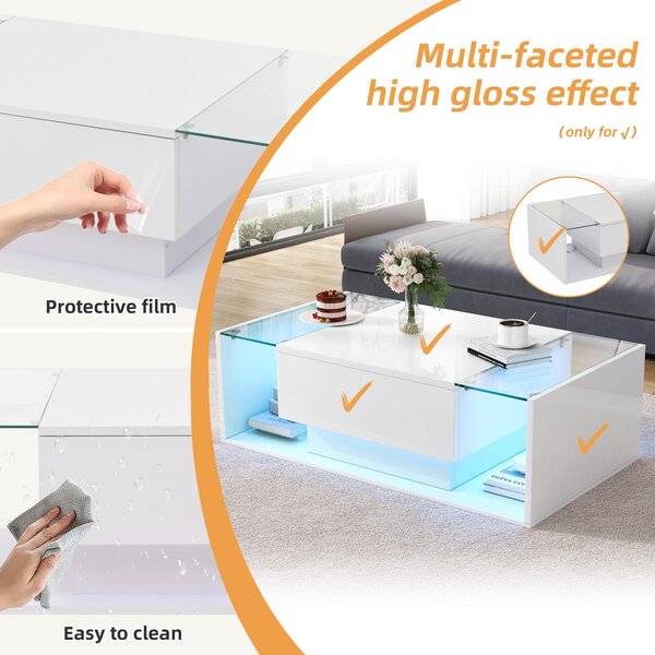 High-Gloss Coffee Table with a Drawer and Semi-Open Storage, Modern Centre Table for Living Room and Office, 100L x 50W x 31H cm, White Aosom UK