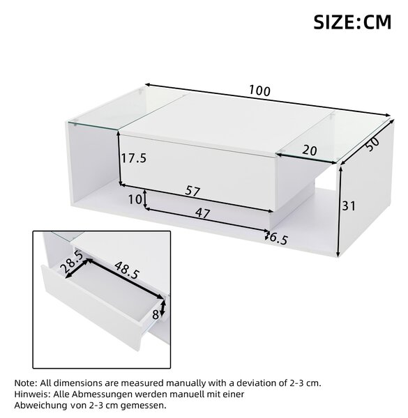 High-Gloss Coffee Table with a Drawer and Semi-Open Storage, Modern Centre Table for Living Room and Office, 100L x 50W x 31H cm, White Aosom UK
