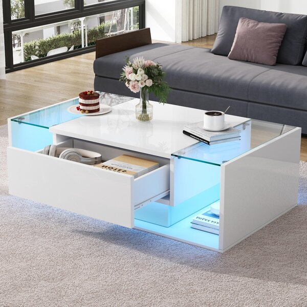 High-Gloss Coffee Table with a Drawer and Semi-Open Storage, Modern Centre Table for Living Room and Office, 100L x 50W x 31H cm, White Aosom UK