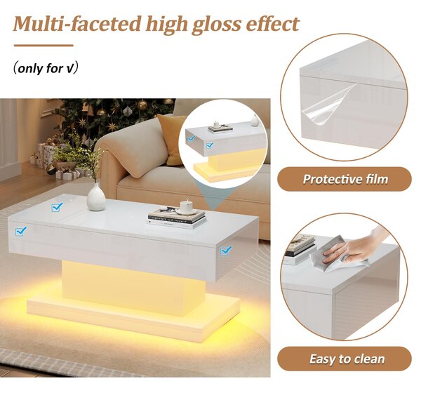 T-shaped Coffee Table with 2 Drawers and App-Controlled LED Strip, High-Gloss Centre Table for Living Room, 100L x 50W x 45H cm, White Aosom UK