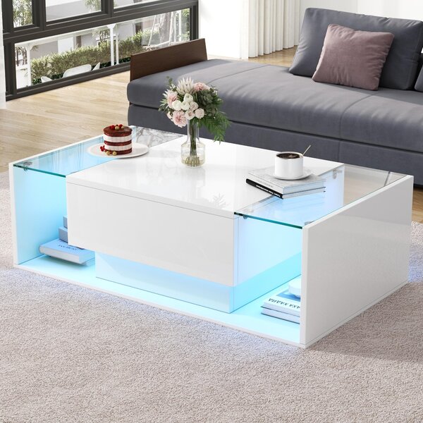 High-Gloss Coffee Table with a Drawer and Semi-Open Storage, Modern Centre Table for Living Room and Office, 100L x 50W x 31H cm, White Aosom UK