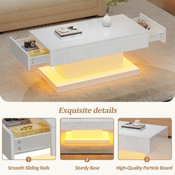 T-shaped Coffee Table with 2 Drawers and App-Controlled LED Strip, High-Gloss Centre Table for Living Room, 100L x 50W x 45H cm, White Aosom UK