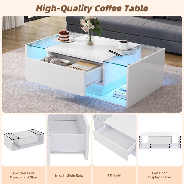 High-Gloss Coffee Table with a Drawer and Semi-Open Storage, Modern Centre Table for Living Room and Office, 100L x 50W x 31H cm, White Aosom UK
