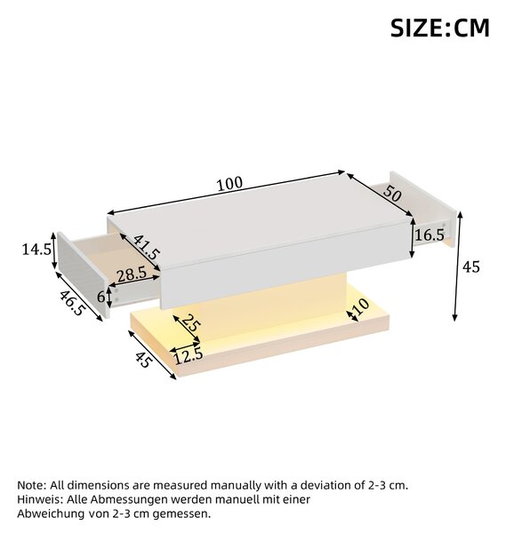 T-shaped Coffee Table with 2 Drawers and App-Controlled LED Strip, High-Gloss Centre Table for Living Room, 100L x 50W x 45H cm, White Aosom UK