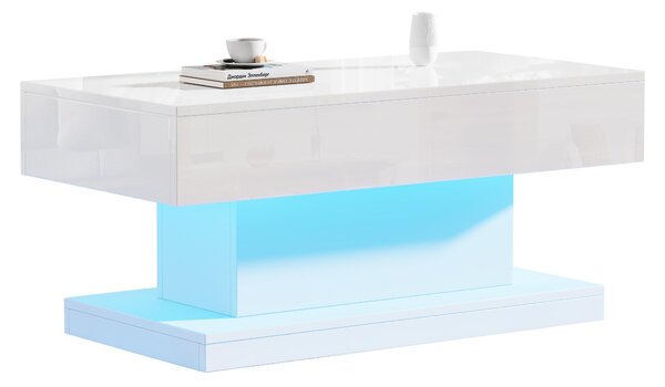 T-shaped Coffee Table with 2 Drawers and App-Controlled LED Strip, High-Gloss Centre Table for Living Room, 100L x 50W x 45H cm, White Aosom UK