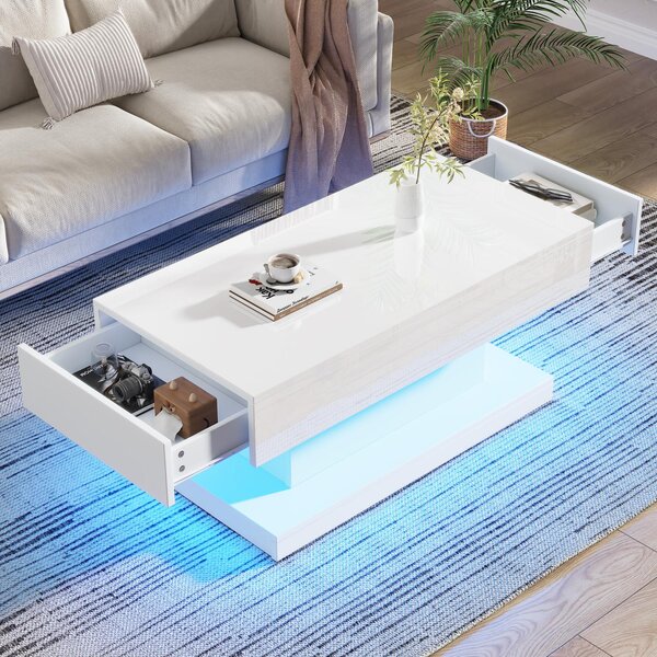 T-shaped Coffee Table with 2 Drawers and App-Controlled LED Strip, High-Gloss Centre Table for Living Room, 100L x 50W x 45H cm, White Aosom UK
